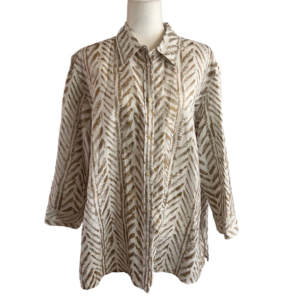Lauren Ralph Lauren Womens White Gold Linen LongSleeve Shirt XL/XXL Old Money